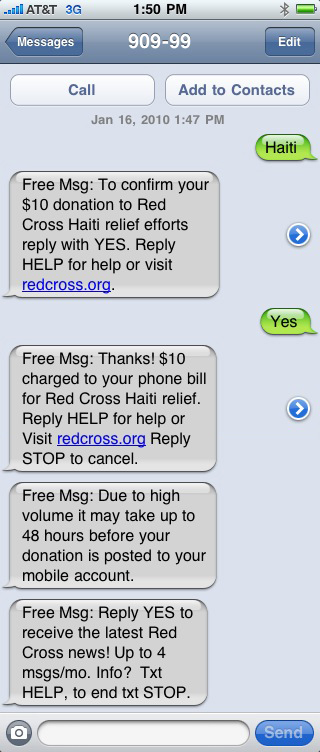 text message for Haiti, #90999, $10 Haiti donation, iphone haiti donation